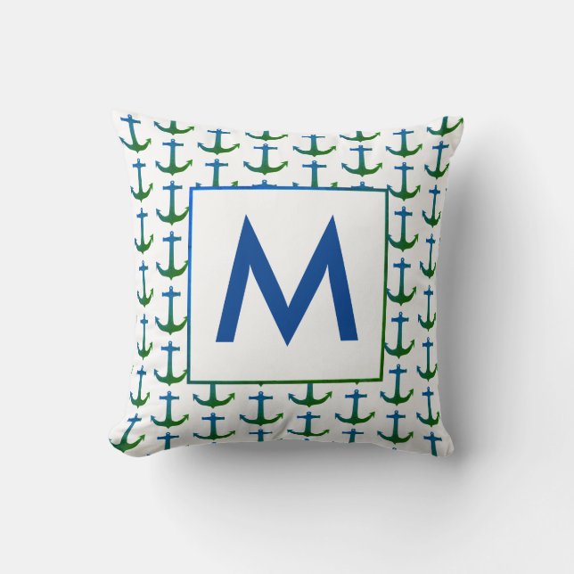 Personalised Blue Green Nautical Anchor Throw Pillow (Front)