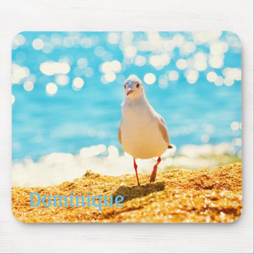 Personalised  Blue Sea with a seagull on a beach Mouse Pad