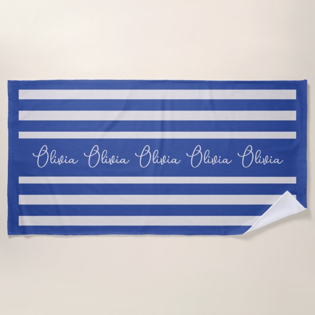 Personalised Blue Stripe Custom Initials Modern Beach Towel (Front)