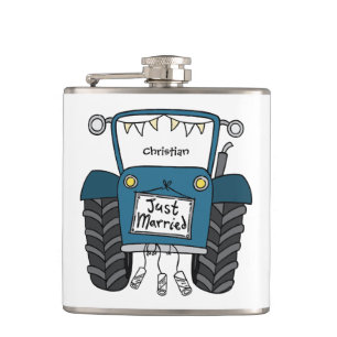 Personalised Blue Tractor Country Wedding Gift Flask
