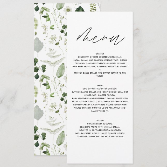 Personalised Botanical Wedding Elegant Greenery Menu (Front/Back)