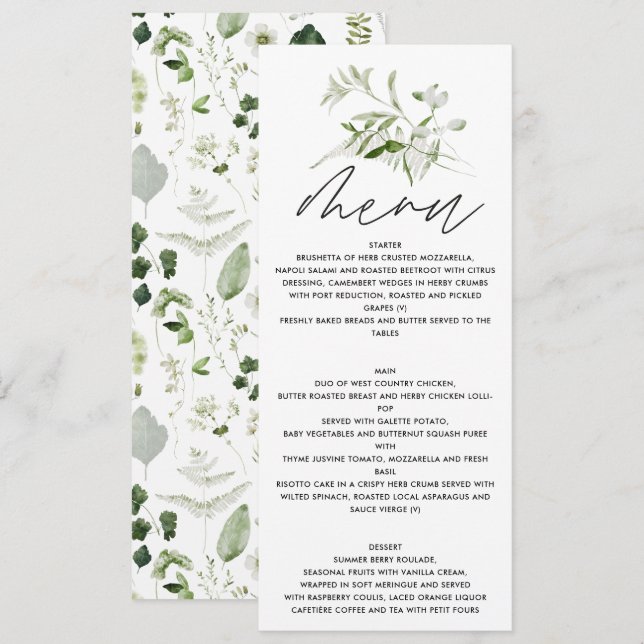 Personalised Botanical Wedding Elegant Greenery Menu (Front/Back)