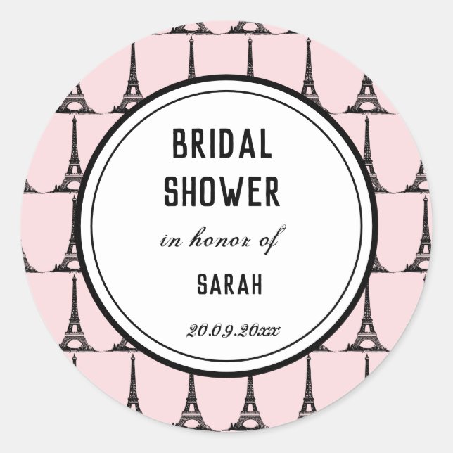 Personalised Bridal Shower Eiffel Tower Paris Classic Round Sticker (Front)