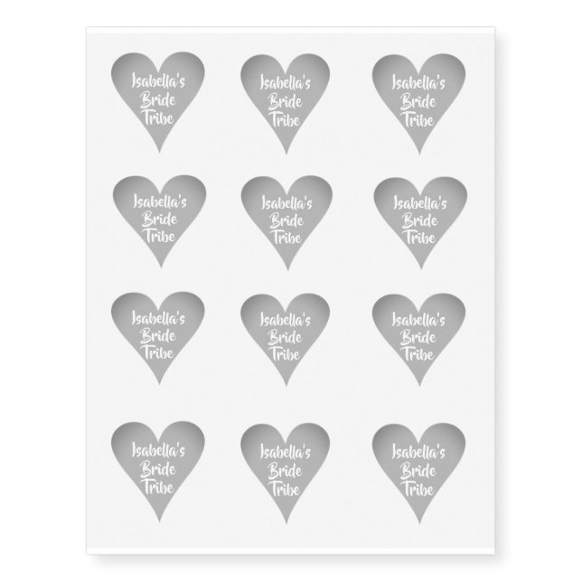 Personalised Bride Tribe Silver  Heart Temporary Tattoos (Front)