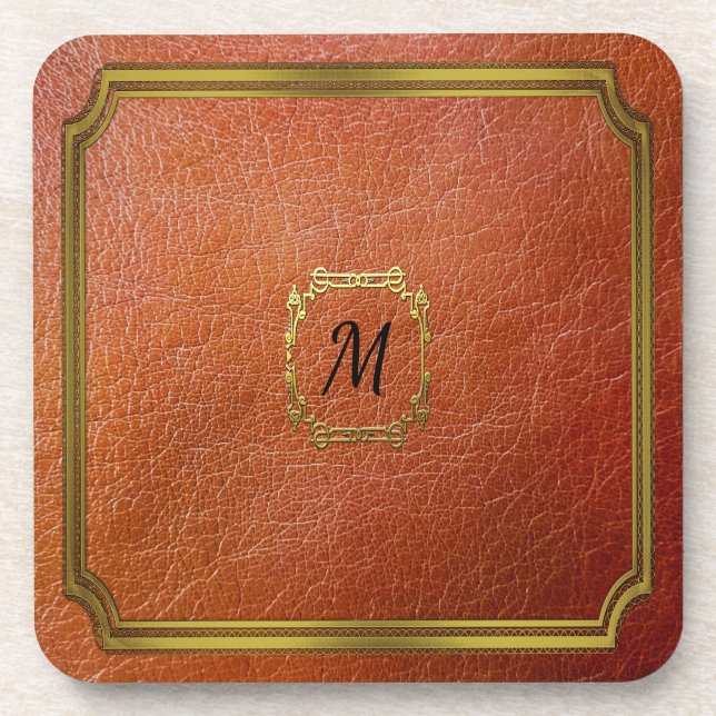 Personalised Brown Faux Leather Beverage Coaster (Front)