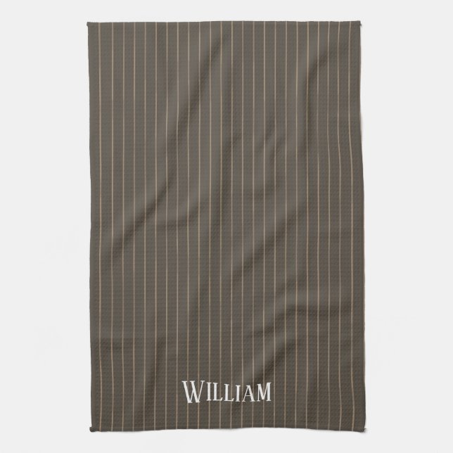 Personalised brown retro pinstripes kitchen towel (Vertical)