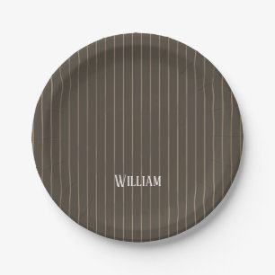 Personalised brown retro pinstripes paper plates