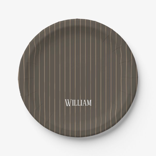 Personalised brown retro pinstripes paper plates (Front)