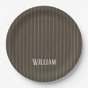 Personalised brown retro pinstripes paper plates