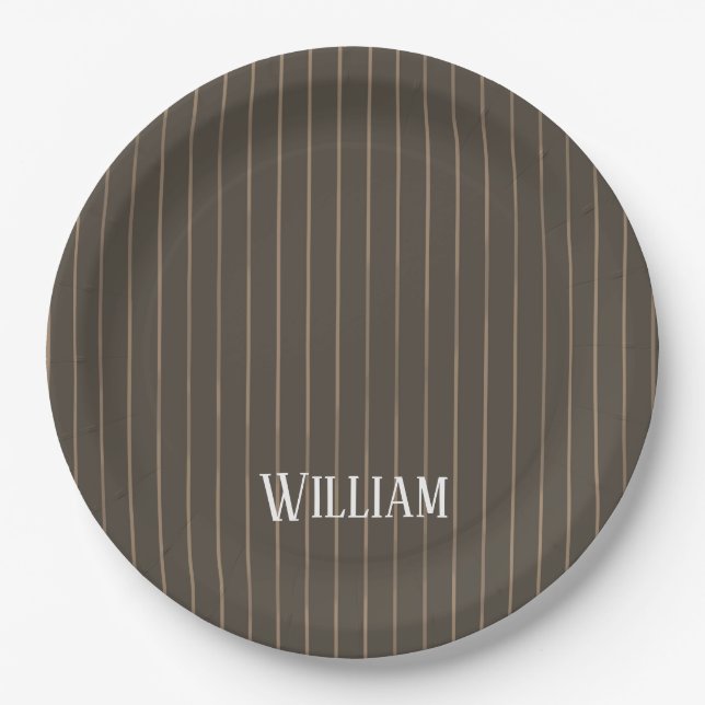 Personalised brown retro pinstripes paper plates (Front)