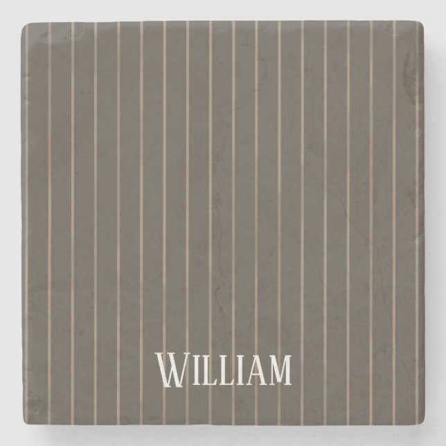 Personalised brown retro pinstripes stone coaster (Front)