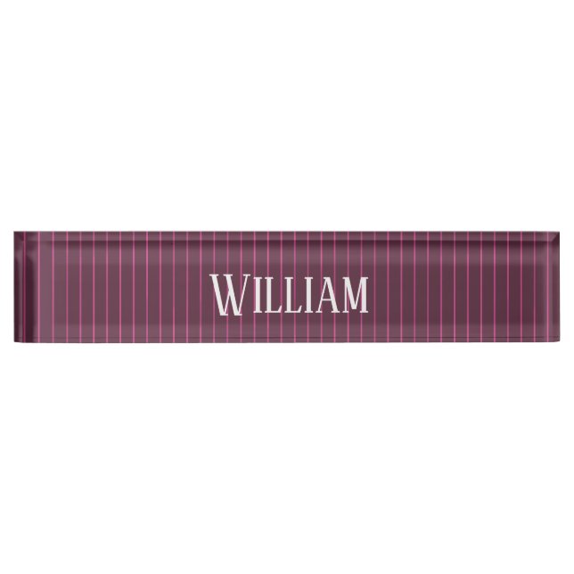 Personalised burgundy pinstripes desk name plate (Front)