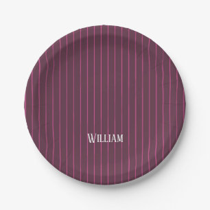 Personalised burgundy pinstripes paper plates