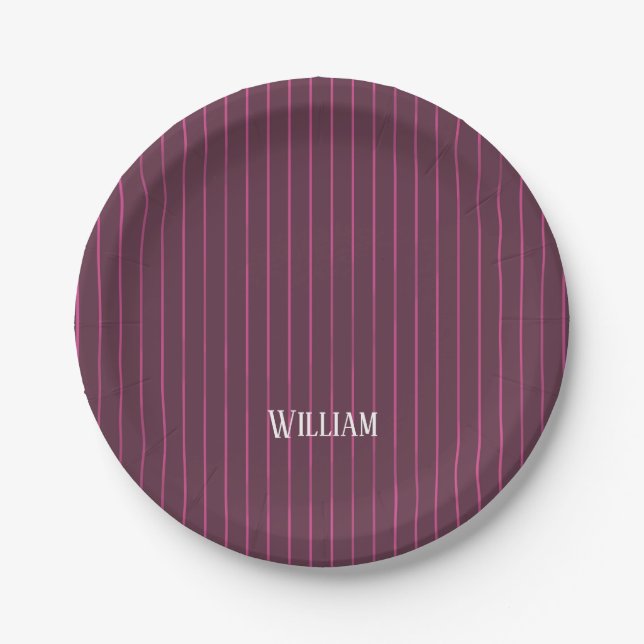 Personalised burgundy pinstripes paper plates (Front)