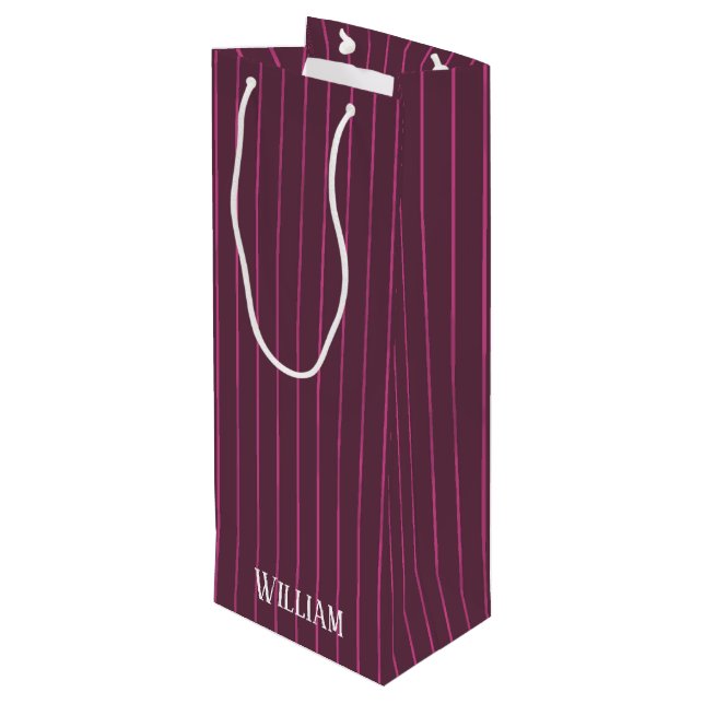 Personalised burgundy pinstripes wine gift bag (Back Angled)