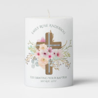 Personalised Christening Baptism Communion Floral Pillar Candle