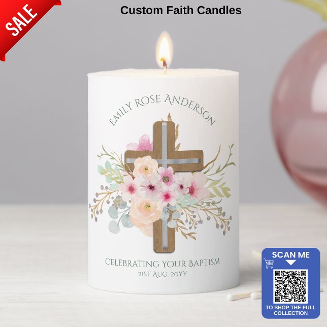 Personalised Christening Baptism Communion Floral Pillar Candle (Creator Uploaded)
