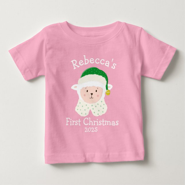 Personalised Christmas Baby Sheep Wearing Elf Hat Baby T-Shirt (Front)