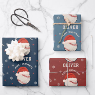 Personalised Christmas Baseball Santa Hat Name Wrapping Paper Sheets