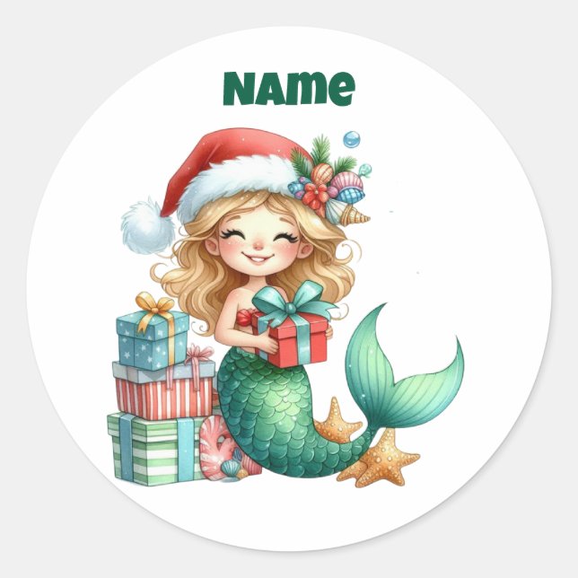 Personalised Christmas Mermaid Circular Sticker (Front)