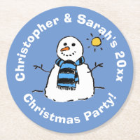 Personalised Christmas Party Snowman Round Paper Coaster