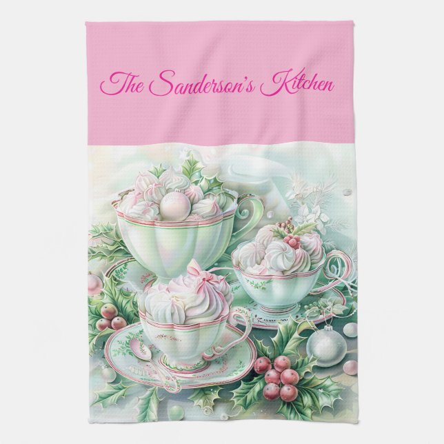 personalised christmas, pastel christmas, pink and kitchen towel (Vertical)