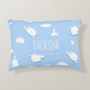 Personalised Clouds and Sheep Pattern Blue Accent Pillow