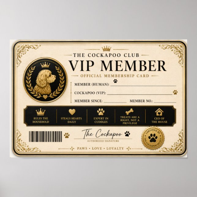 Personalised Cockapoo Membership Card Gift Poster (Front)