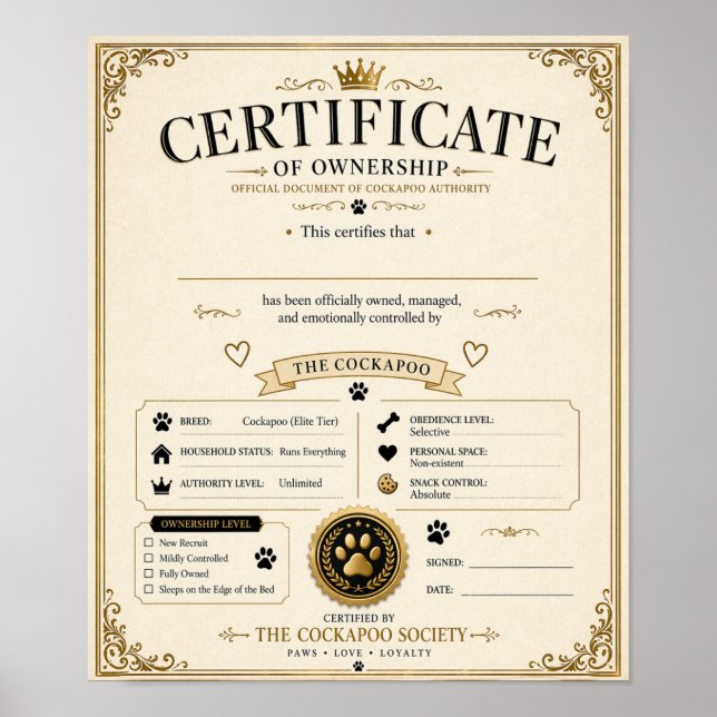 Personalised Cockapoo Owner Certificate – dog gift Poster (Front)
