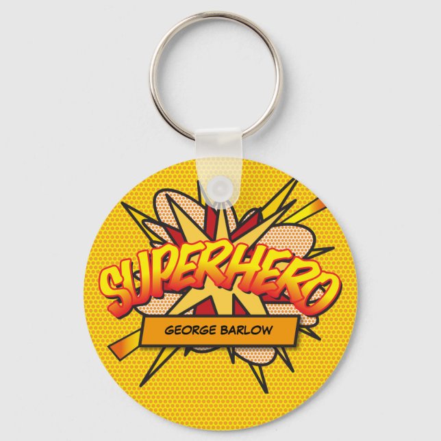 Personalised Comic Book Pop Art SUPERHERO Keychain (Front)