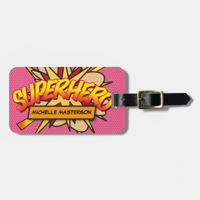 Personalised Comic Book Pop Art SUPERHERO Luggage Tag (Front Horizontal)