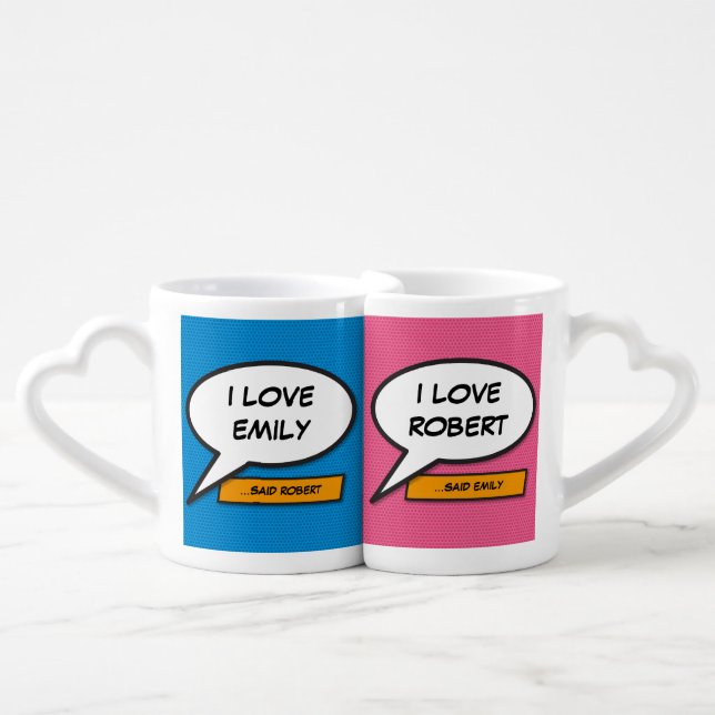 Personalised Comic Book Speech Bubbles Coffee Mug Set (Front Nesting)