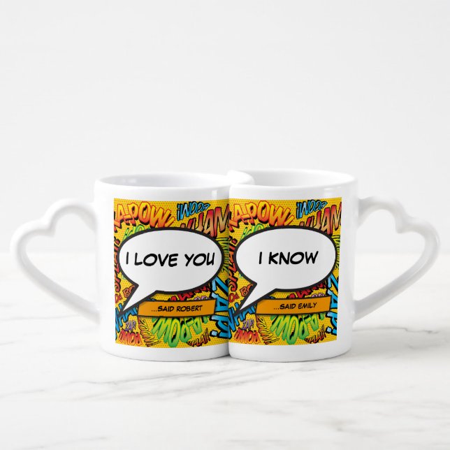 Personalised Comic Book Speech Bubbles Coffee Mug Set (Front Nesting)