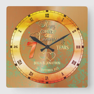 Personalised Copper Theme 7th Anniversary Gift Square Wall Clock