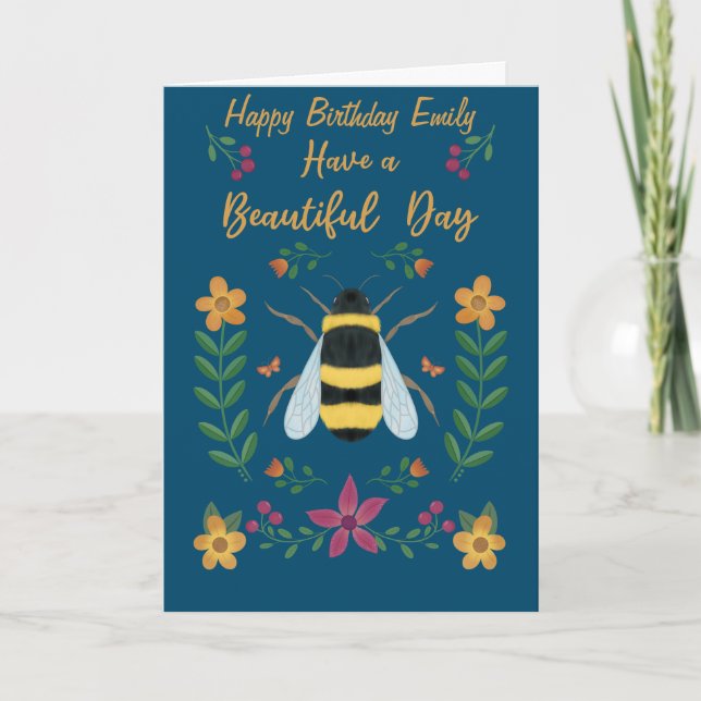 Personalised Cute Bee Happy Birthday Card for her  (Front)