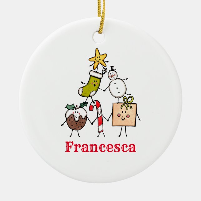 Personalised Cute Christmas Characters Ceramic Ornament (Front)