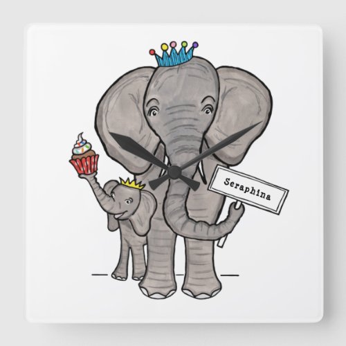 Personalised Cute Elephant and Baby Square Wall Clock