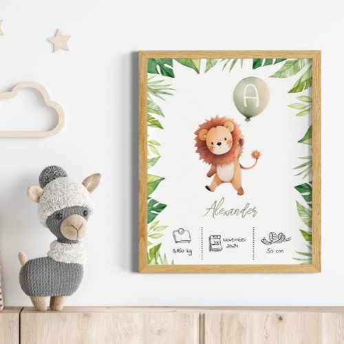 Personalised cute lion with Balloons Nursery Poster