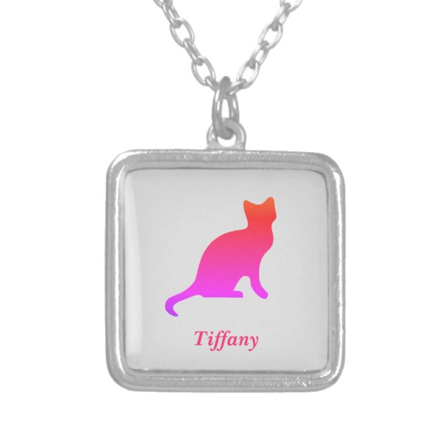 Personalised cute ombre cat  silver plated necklace (Front)