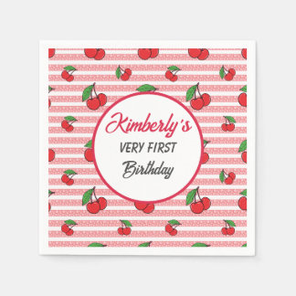 Personalised Cute Pink Stripes with Cherries Napkins