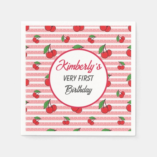 Personalised Cute Pink Stripes with Cherries Napkins (Front)