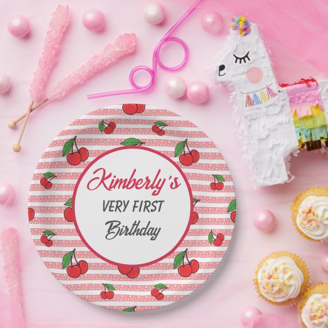Personalised Cute Pink Stripes with Cherries Paper Plates (Party)