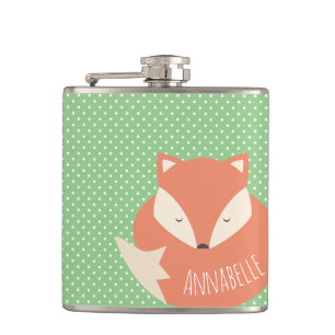 Personalised Cute Sleeping Fox Green Polka Dot Flask