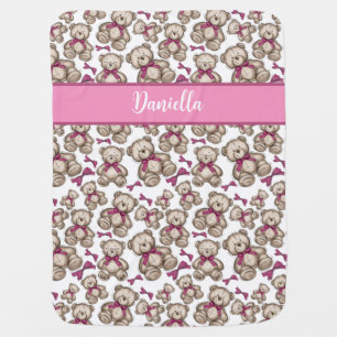 Personalised cute teddy bears pattern pink ribbon baby blanket