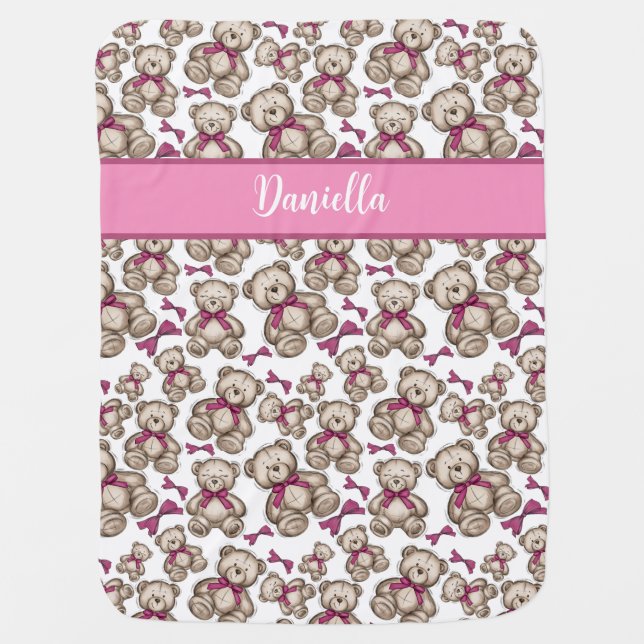 Personalised cute teddy bears pattern pink ribbon baby blanket (Front)