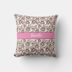 Personalised cute teddy bears pattern pink ribbon throw pillow