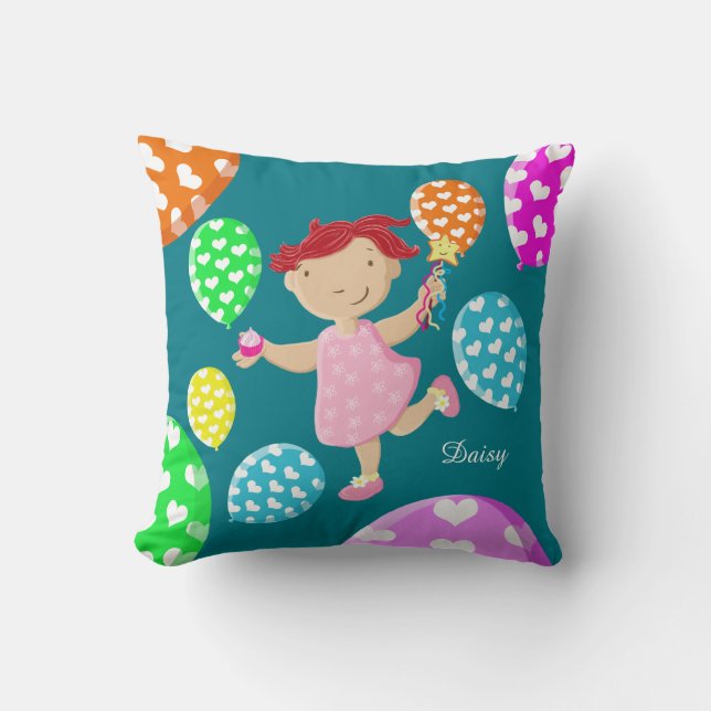 Personalised Daisy Cupcake Heart Balloons Kids Throw Pillow (Front)