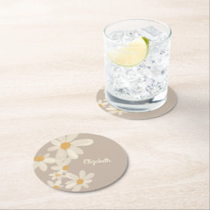 Personalised Daisy Floral Brown Round Paper Coaster