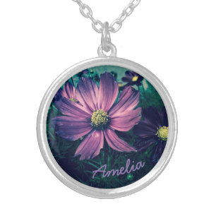 Personalised Dark Purple Flowers Silver Plated Necklace