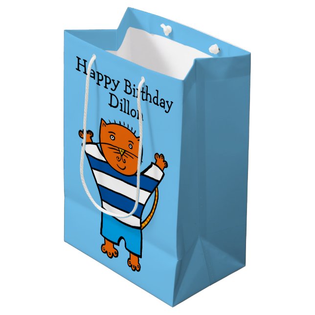 Personalised Dillon the Cat Happy Birthday Medium Gift Bag (Front Angled)